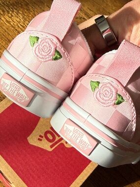 Vans Kids Pink Checkerboard Slip-On Sneakers with Rose Patch